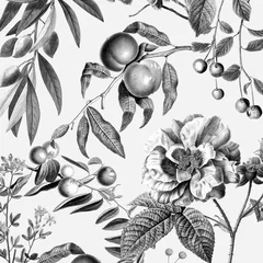  Elegant rose floral pattern black and white fruits vintage illustration © Rawpixel.com