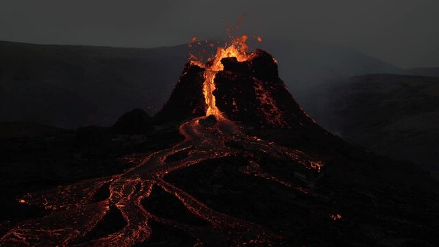 Volcanic eruption Iceland 2021 orange glowing lava landscape