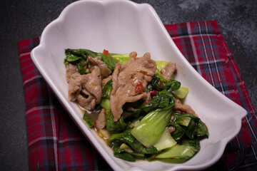 Stir-fried pork with bok choy, Thai food