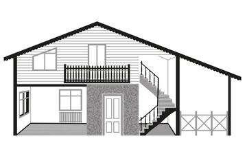 Two-story mansion, with plastered decorative facade of first floor and siding walls with balcony on second floor, from below in section can see room and wood staircase leading up, vector illustration.