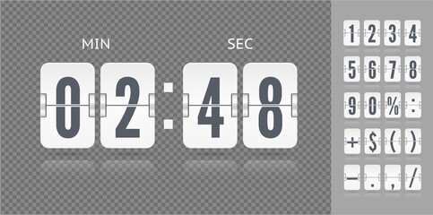 Analog countdown number font. Flip numbers and symbols font for White information web page or time counter. Vintage floating symbols for time meter vector template.