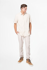 Fototapeta premium Man in beige shirt and pants casual wear fashion full body