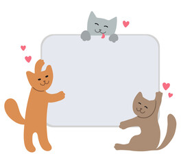 Hand draw cats with paper, a board for announcements, inscriptions. Cute cats paws are holding a blank sheet for your text. Animal stores. Flat  illustration isolated on a white background. Vector.