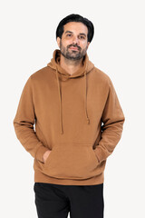 Indian man wearing basic brown hoodie close-up