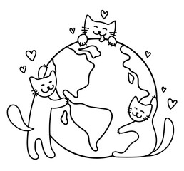 Three cute cats hug the globe. Cats love and take care of the Earth. Save the Planet. Happy Earth Day. Cartoon doodle style. Black outlines isolated on a white background. Vector stock illustration.