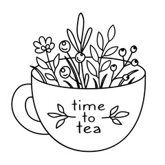 Time to tea. Hand drawn tea cup with a bouquet of herbs, flowers and berries. Outline coloring in cartoon doodle style. Black lines isolated on a white background. Vector print for menu, postcards.