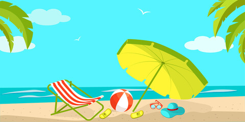 Fototapeta na wymiar Bright vector illustration of a summer background. Cartoon sea view, beach with ball, deck chair, slippers, hat. Baner of the sea coast