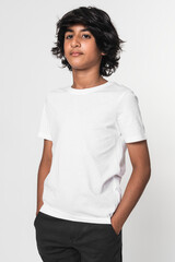 Teenage boy in white tee basic youth apparel shoot