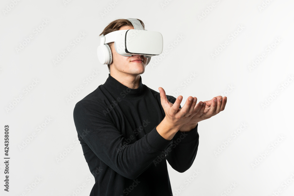 Aufkleber man with vr headset touching invisible object smart technology