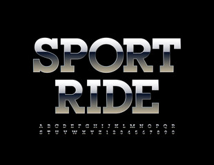 Vector modern sign Sport Ride with Chrome Alphabet Letters and Numbers set. Dark Metallic Font