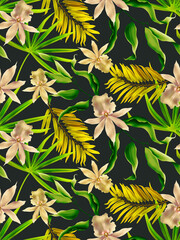 Colourful Seamless Pattern with tropic flowers and leaves.