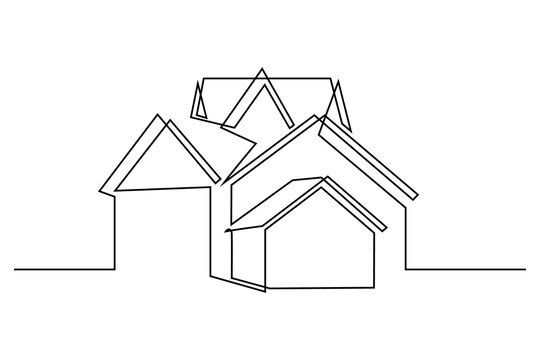 Group of houses in continuous line art drawing style. Abstract settlement, residential buildings black linear sketch isolated on white background. Vector illustration