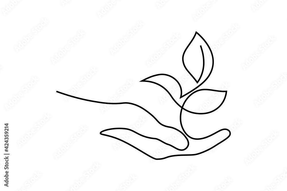 Wall mural environment conservation icon in continuous line art drawing style. plant in human hand as a symbol  - Wall murals