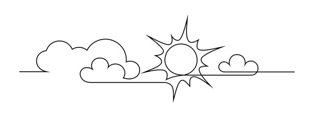 Sun and clouds in the sky. Continuous line art drawing style. Sunny weather minimalist black linear design isolated on white background. Vector illustration