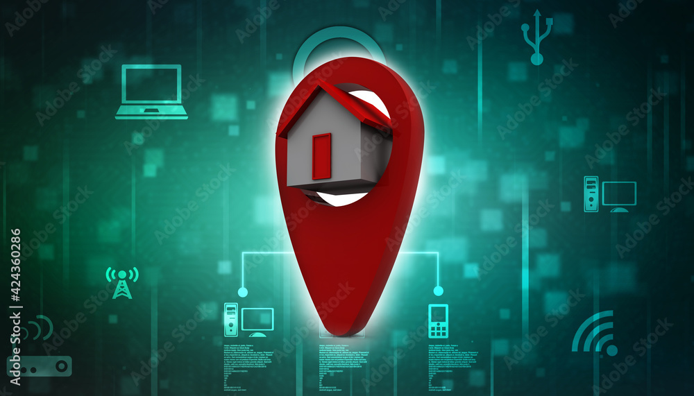 Poster 3d illustration search for property.a map with large red gps pointer containing