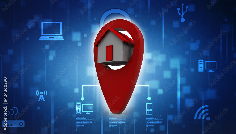 Poster 3d illustration search for property.a map with large red gps pointer containing