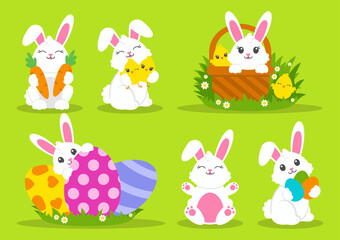 Happy Easter. Set of little cute rabbits. Carrot, basket, bunny, eggs, chicken. Colored flat vector illustration isolated on blue background. Cartoon character.