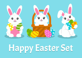 Happy Easter. Set of little cute rabbits. Basket, bunny, eggs. Colored flat vector illustration isolated on blue background. Cartoon character.