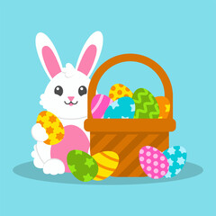 Happy Easter. Cheerful rabbit, basket with painted eggs. Colored flat vector illustration isolated on blue background. Cartoon character.