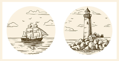 A lighthouse on a rocky shore and a ship on the horizon. Hand drawn sketch. Vintage style. Color vector illustration .