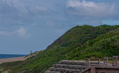 Large Dune Covered in Vegetation with Sand Bags in Front