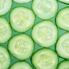 Cucumber slices isolated on the green background.