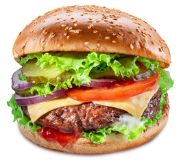 Delicious hamburger with beef cutlet, vegetables and onions isolated on a white background. Fast food concept.