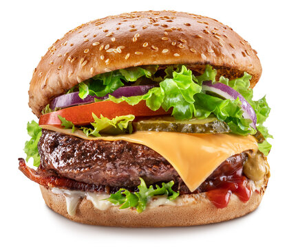 Delicious hamburger with beef cutlet, vegetables and onions isolated on a white background. Fast food concept.