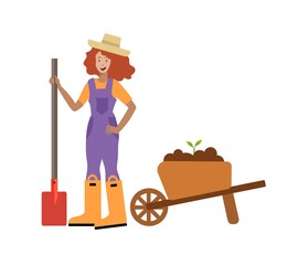 Cheerful gardener with a shovel in her hands in the flat style.