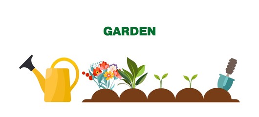 Seedling bushes planted in the ground banner in flat style.