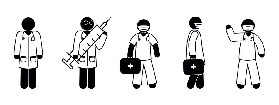 doctors icons set, isolated stick figure medical workers, ambulance pictogram