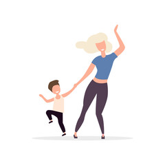 Obraz na płótnie Canvas Dancing mother with her son. The holiday is celebrated by happy parents and children. Family dances and parties. Vector illustration. Flat style