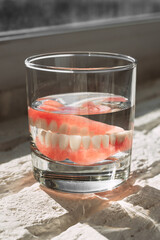 Prosthesis in a glass with a solution. Dental prosthesis care. Full removable plastic denture of the jaws. Two acrylic dentures. Upper and lower jaws with fake teeth. Dentures or false teeth, close-up