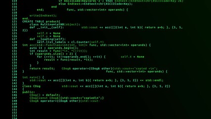 Programming code on black screen Loop Animation Background. A programmer writes a program. Silicon Valley. Programming code running down a computer screen terminal Loop Animation.