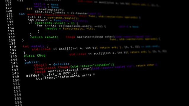 Programming code running down a computer screen terminal Loop Animation. Developer is browsing html code computer screen. HTML Web Page Code Scrolling. Digital Hacker Program Coding Cyber Screen