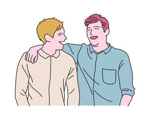 Two friends are showing joyful expressions. hand drawn style vector design illustrations. 