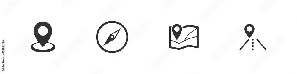 Poster navigation vector gps symbol icon set, navigator sign location pointer icons flat black collection.