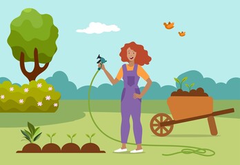 Fototapeta na wymiar Girl planting seedlings in the vegetable garden flat style illustration.