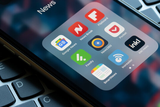 Portland, OR, USA - Mar 29, 2021: Assorted news aggregator apps - Google News, News Break, Flipboard, Feedly, News360, Pocket, SmartNews, Inoreader, and Inkl News - are seen on an iPhone.