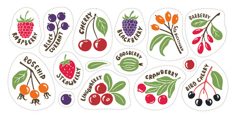 Bright and juicy berry set. Colorful stickers with hand drawn lettering isolated on transparent background