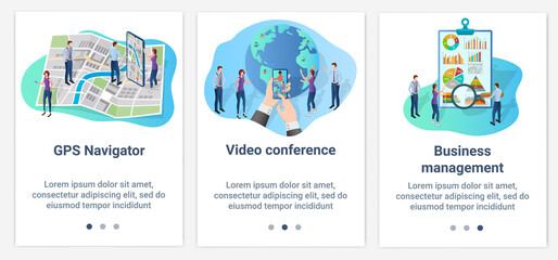 Modern flat illustrations in the form of a slider for web design. A set of UI and UX interfaces for the user interface.GPS navigation, video conferencing, and business management.