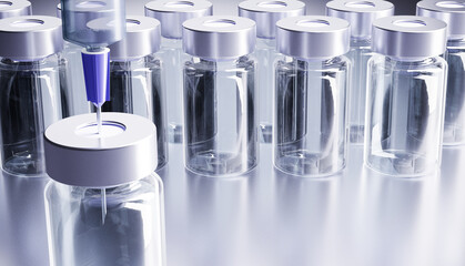 Medical syringe and vaccine bottle. Vaccine illustration. Bottles and syringe with needle.