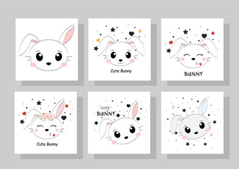 Set of postcards with a Bunny and stars on white. Rabbit, flowers, hearts and stars in Scandinavian flat style. Vector graphics