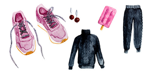 Set Sports pink shoes sneakers and sports suit with icecream watercolor style illustration isolated on white background