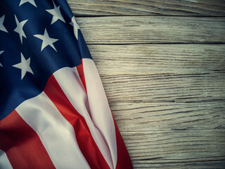American flag on old wooden background, retro style, vintage. Happy Independence Day, July 4, USA. Veterans ' Memorial Day.