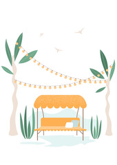 Tropical scenery. Yellow garden swings with pillows. Palm trees, leaves, decorative garland with light bulbs. Beautiful landscape. Vector illustration for vacation, rest projects. Relaxation concept