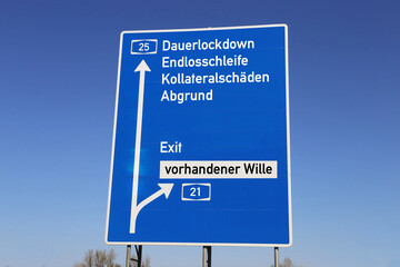 Symbolbild: Autobahnschild (Deutschland) mit den verschiedenen Zielen (Lockdown, Exit usw.)