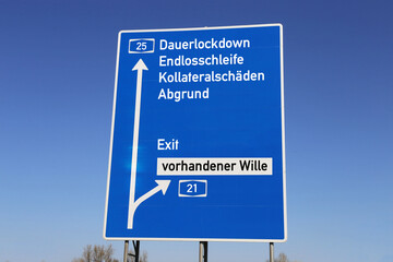 Symbolbild: Autobahnschild (Deutschland) mit den verschiedenen Zielen (Lockdown, Exit usw.)