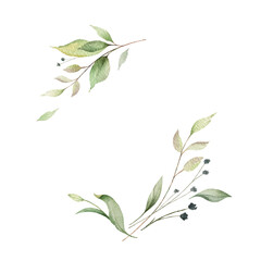Watercolor vector wreath of green branches and leaves.