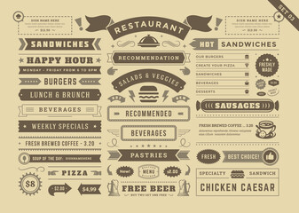 Fototapeta na wymiar Restaurant menu typographic decoration design elements set vintage and retro style vector illustration
